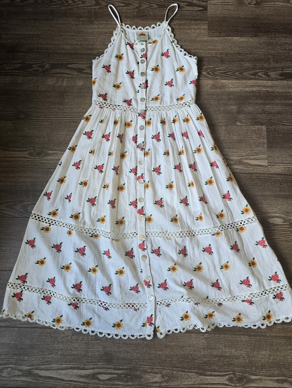 FARM RIO Dress Womens S Ivory Linen Blend Cross Stitch Floral Embroidered Midi